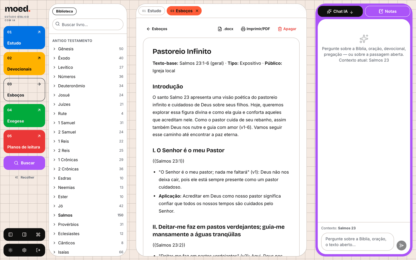 Esboço de pregação expositivo do Salmo 23 gerado pela IA, com botões de exportar em .docx e PDF
